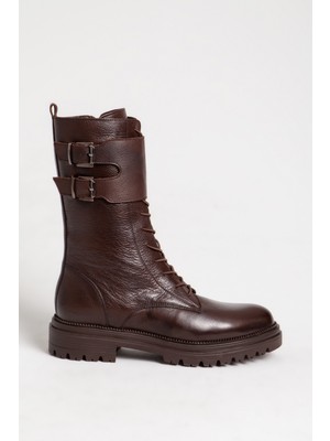 Dericlub Kadın Postal Kalın Taban Fermuarlı Kemer Tokalı Günlük Bot  Deri Br 06146 Kahverengi