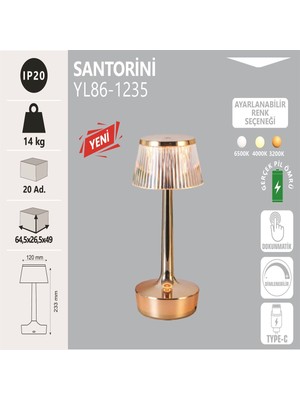 Noas Masa Lambası Santorini, Şarj Edilebilir, Dokunmatik, Dimlenebilir, Type-C, Ayarlanabilir 3 Renk (6500K, 4000K, 3200K), 120MM x 233MM