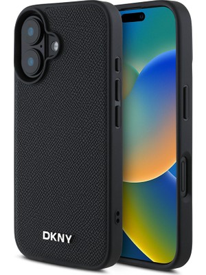 iPhone 16 Plus Kılıf Dkny Orjinal Lisanslı Magsafe Şarj Özellikli Metal Logolu Pu Deri Grained Siyah
