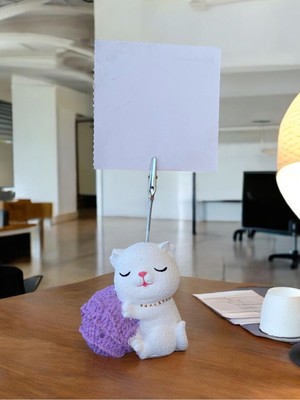 Perazayn Lila Yumak Tutan Oturan Kawaii Kedi Temalı Not Tutacağı Fotoğraf Tutacak Tutucu Ofis Seti Hediyelik