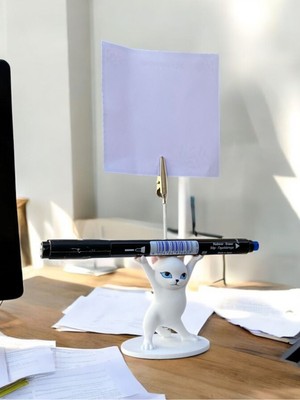 Perazayn Mavi Gözlü Beyaz Renk Kalem Tutabilen Dansçı Kedi Fotoğraf Not Tutacağı Ofis Masası Hediyelik