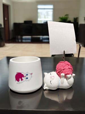 Perazayn Tatlı Pembe Yumaklı Kawaii Sevimli Kedi Fotoğraf Tutucu Not Tutacak Kalemlik Ofis Seti Hediyelik