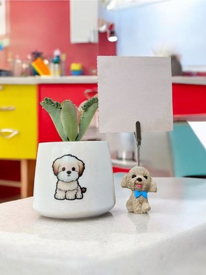 Perazayn Mavi Papyonlu Köpek Not Tutucu ve Saksı Kalemlik Seti Hediyelik Ofis Seti