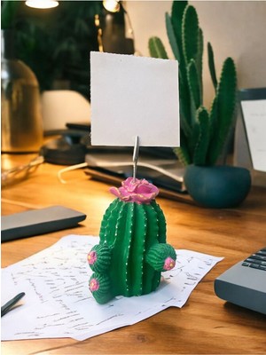 Perazayn Pembe Çiçek Desenli Kaktüs Obje Fotoğraf Not Tutucu Ofis Masası Tutacak Hediyelike