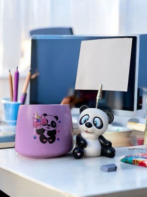 Perazayn Sevimli Panda Desenli Fotoğraf Not Tutacağı - Lila Panda Temalı Kalemlik Ofis Seti Hediyelik Tutucu