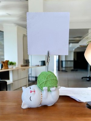 Perazayn Yeşil Yumak Tutan Yatan Kawaii Kedi Temalı Not Tutacağı Fotoğraf Tutacak Tutucu Ofis Seti Hediyelik