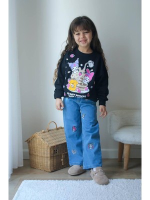 Kuromi Modelli Kot Pantolon Nakışlı 2li Takım Kız Çocuk