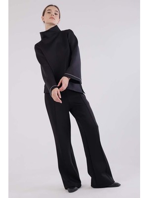 ALLDAY Siyah-Dik Yaka Kolu Yırtmaçlı Scuba Bluz