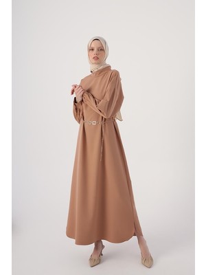 ALLDAY Toprak-Kemerli Yanları Oval Yırtmaçlı Elbise