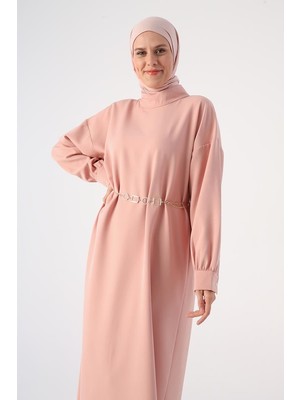 ALLDAY Pudra-Kemerli Yanları Oval Yırtmaçlı Elbise