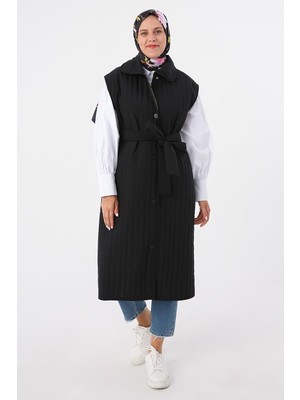 ALLDAY Siyah-Oversize Çıtçıtlı Dikey Çizgi Uzun Kapitone Yelek