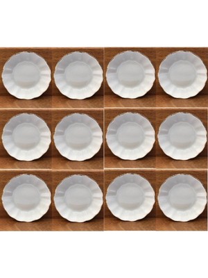 Porland Altın Yaldız Porselen Çay Tabak 12'li 12 cm Yuvarlak Beyaz - Altın Zarif Tasarım