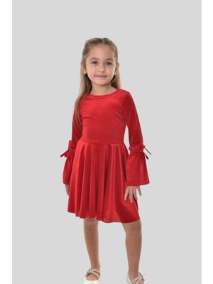 Turuncu Gardrop Kolları Bağcık Detay Uzun Kol Kadife Kız Çocuk Elbise Kırmızı