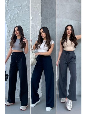 Comeor Siyah-Lacivert-Antrasit Kadın Mevsimlik Salaş Geniş Paça Yüksek Bel 3'lü Eşofman Altı CMRB102