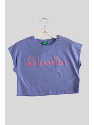 4-14 Yaş Benetton Logo ve Yazı Baskılı Kız Çocuk T-Shirt Lila