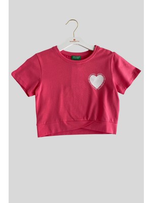 4-14 Yaş Benetton Kalp Baskı Kız Çocuk T-Shirt Fuşya