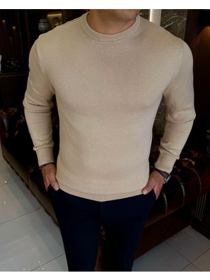 Italyan Stil Slim Fit Erkek Bisiklet Yaka Triko Kazak Camel T13133