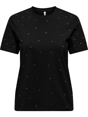 Only Kadın Onlglobe Taş Detaylı Sıfır Yaka %100 Pamuk T-Shirt 15342984 Siyah