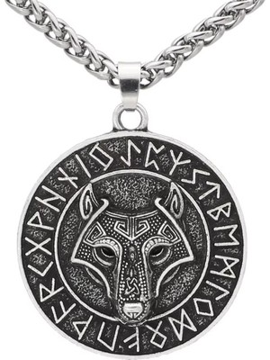 Viking Savaşçı Kurt Kabartma Nordik Iskandinav Rune Titanyum Paslanmaz Çelik Erkek Kolye 3D