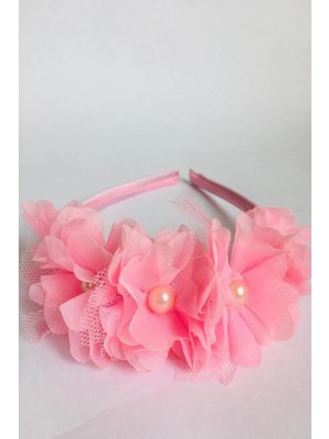 Hayalperest Boncuk Pembe Şifon Çiçekli Saten Kaplama Düğün Nikah Nişan Gelin ve Kız Çocuk Tacı