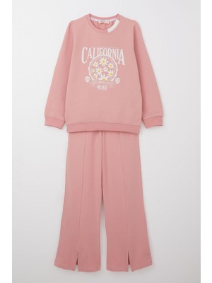 Breeze Kız Çocuk Eşofman Takım Çiçek Baskılı Geniş Paça Yırtmaçlı 5-10 Yaş, Gülkurusu