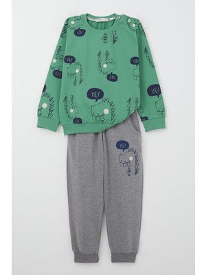 Breeze Erkek Çocuk Eşofman Takımı Sevimli Dinozor Desenli 1.5-5 Yaş, Mint Yeşili