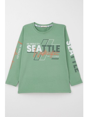 Breeze Erkek Çocuk Uzun Kollu Tişört Renkli Yazı Baskılı 6-12 Yaş, Mint Yeşili