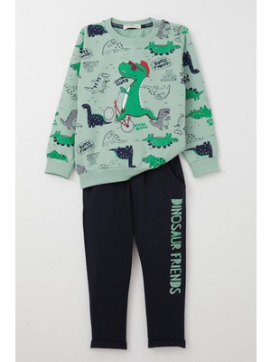 Breeze Erkek Bebek Eşofman Takımı Dinozor Baskılı 9 Ay-3 Yaş, Su Yeşili