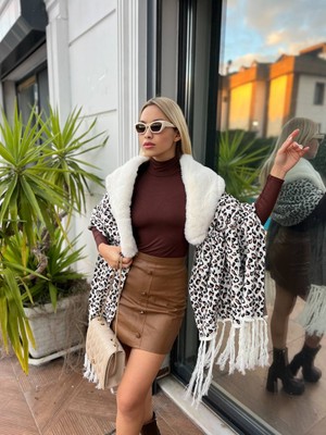 Ella Stylee Leopar Desenli Kürklü Panço