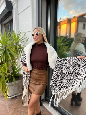 Ella Stylee Leopar Desenli Kürklü Panço