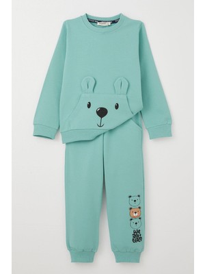 Breeze Erkek Bebek Eşofman Takım Sevimli Ayıcık Desenli Kanguru Cepli 9 Ay-3 Yaş, Su Yeşili