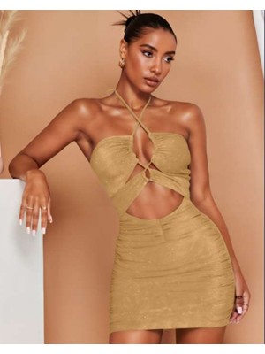 Bleu Petite Çapraz Askılı Simli Gece Elbise