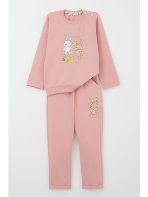 Breeze Kız Bebek Eşofman Takım Mutlu Arkadaş Tavşnacıklar Baskılı Çiçekli 9 Ay-3 Yaş, Gülkurusu