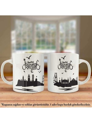 Asilmeydan Çift Yön Renkli Baskılı İstanbul Yazılı - İstanbul Silüeti Kupa Bardak
