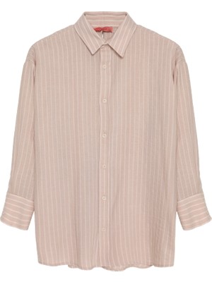 Quzu Sırtı Fiyonk Bağlamalı Çizgili Gömlek Bej