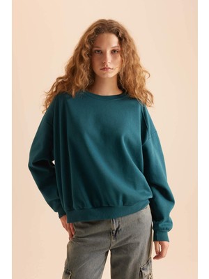 DeFacto Coool Oversize Geniş Kalıp Bisiklet Yaka Basic Düz Kalın Sweatshirt D9022AXNS