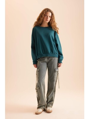 DeFacto Coool Oversize Geniş Kalıp Bisiklet Yaka Basic Düz Kalın Sweatshirt D9022AXNS