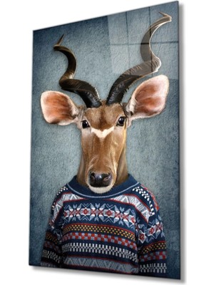 Marsilyan Insan Vücutlu Geyik Hayvan Portresi Cam Tablo, Ev ve Ofis Duvar Dekoru,  Büyük Cam Tablo