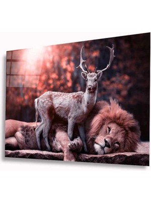 Aslan ve Geyik Cam Tablo 4mm Dayanıklı Temperli Cam
