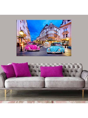Dekoratif Baskı Pembe ve Mavi Araba Kanvas Tablo