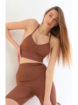 Emay Kahve Mı Emay 3921 Soft Seamless Ripli Tayt Yoga Takımı