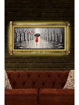 Şemsiyeli Kadın LED Işıklı Rustik Kanvas Tablo K