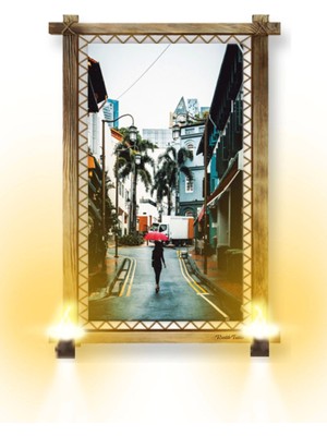 Rustik Işıklı Sokak Şemsiye Kanvas Rustik Tablo O