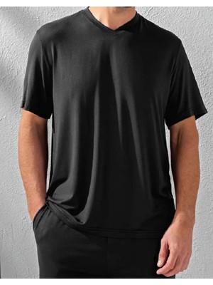 Woodroffe Erkek V Yaka Basic Siyah Oversize T-Shirt Salaş Boyfirend