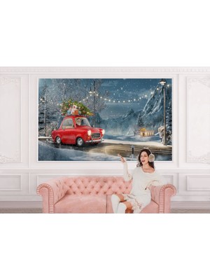 Noel Baba ve Küçük Kırmızı Retro Arabası Duvar KAĞIDI-3752