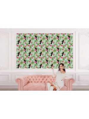 Tropikal Papağanlar Çiçekli Ağaç Yaprakları Duvar KAĞIDI-5560