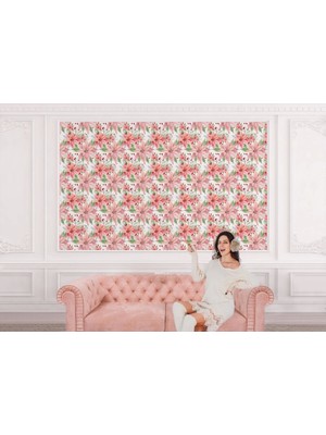 Pembe Çiçek ve Yaprak Desenli Duvar KAĞIDI-5587
