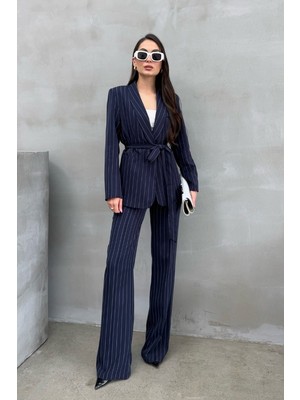 Msm Fashion Kadın Çizgili Kuşaklı Blazer Ceket Pantolon Takım