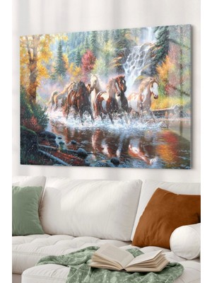 Marsilyan Marsilyan- Göl ve Koşan Atlar | Hayvanlar Temalı Cam Tablo | 50X70 cm