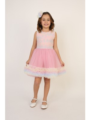 Fatella Kız Çocuk Pembe Karışık Desenli Askılı Elbise 23 Nisan 29 Ekim Gösteri Kıyafeti